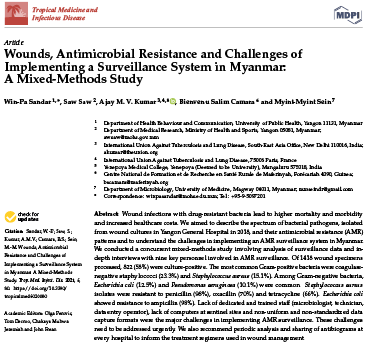 Wound infections with drug-resistant bacteria lead to higher mortality and morbidity and increased healthcare costs  We aimed to describe the spectrum of bacterial pathogens, isolated from wound cultures in Yangon General Hospital in 2018, and their antimicrobial resistance (AMR) patterns and to understand the challenges in implementing an AMR surveillance system in Myanmar  We conducted a concurrent mixed-methods study involving analysis of surveillance data and in-depth interviews with nine key personnel involved in AMR surveillance  Of 1418 wound specimens processed, 822 (58%) were culture-positive  The most common Gram-positive bacteria were coagulase-negative staphylococci (23 3%) and Staphylococcus aureus (15 1%)  Among Gram-negative bacteria, Escherichia coli (12 5%) and Pseudomonas aeruginosa (10 1%) were common  Staphylococcus aureus isolates were resistant to penicillin (98%), oxacillin (70%) and tetracycline (66%)  Escherichia coli showed resistance to ampicillin (98%)  Lack of dedicated and trained staff (microbiologist, technician, data entry operator), lack of computers at sentinel sites and non-uniform and non-standardized data capture formats were the major challenges in implementing AMR surveillance  These challenges need to be addressed urgently  We also recommend periodic analysis and sharing of antibiograms at every hospital to inform the treatment regimens used in wound management 