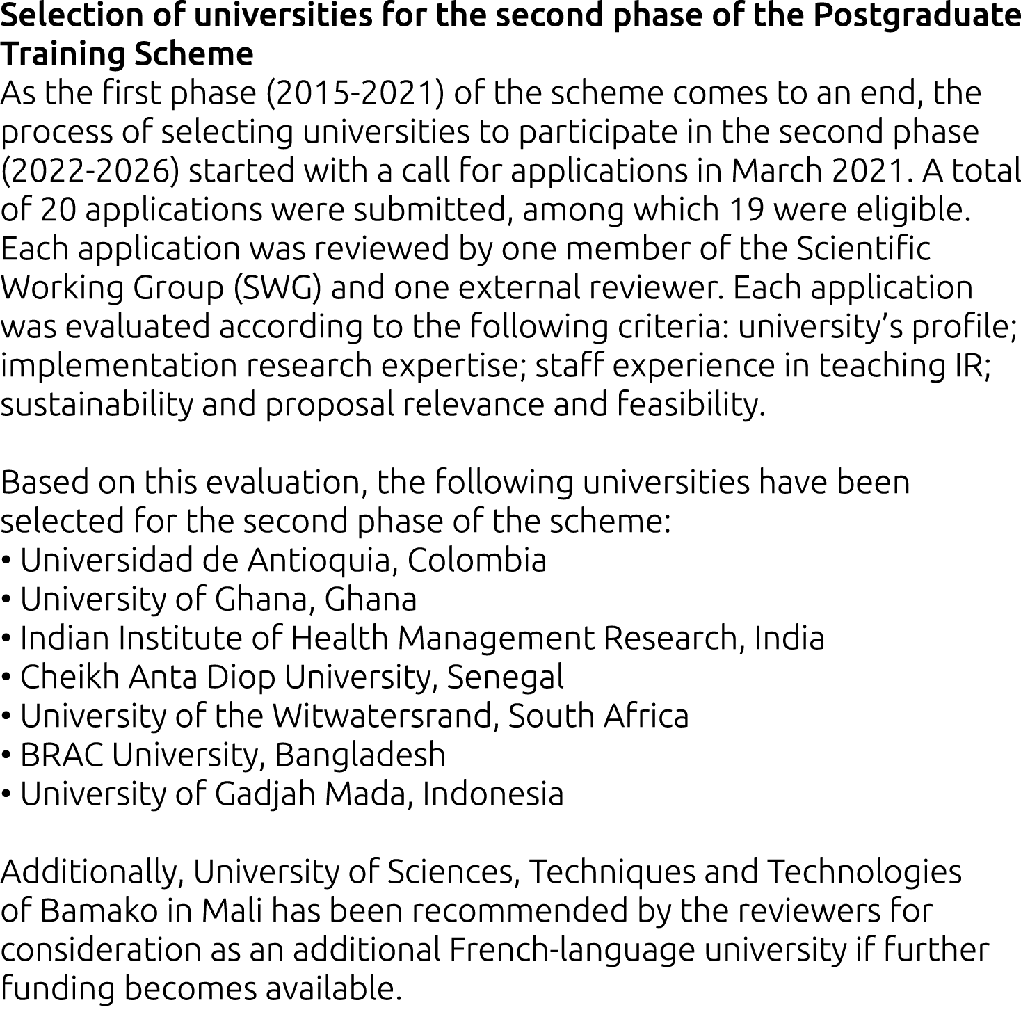 Selection of universities for the second phase of the Postgraduate Training Scheme As the first phase (2015-2021) of    