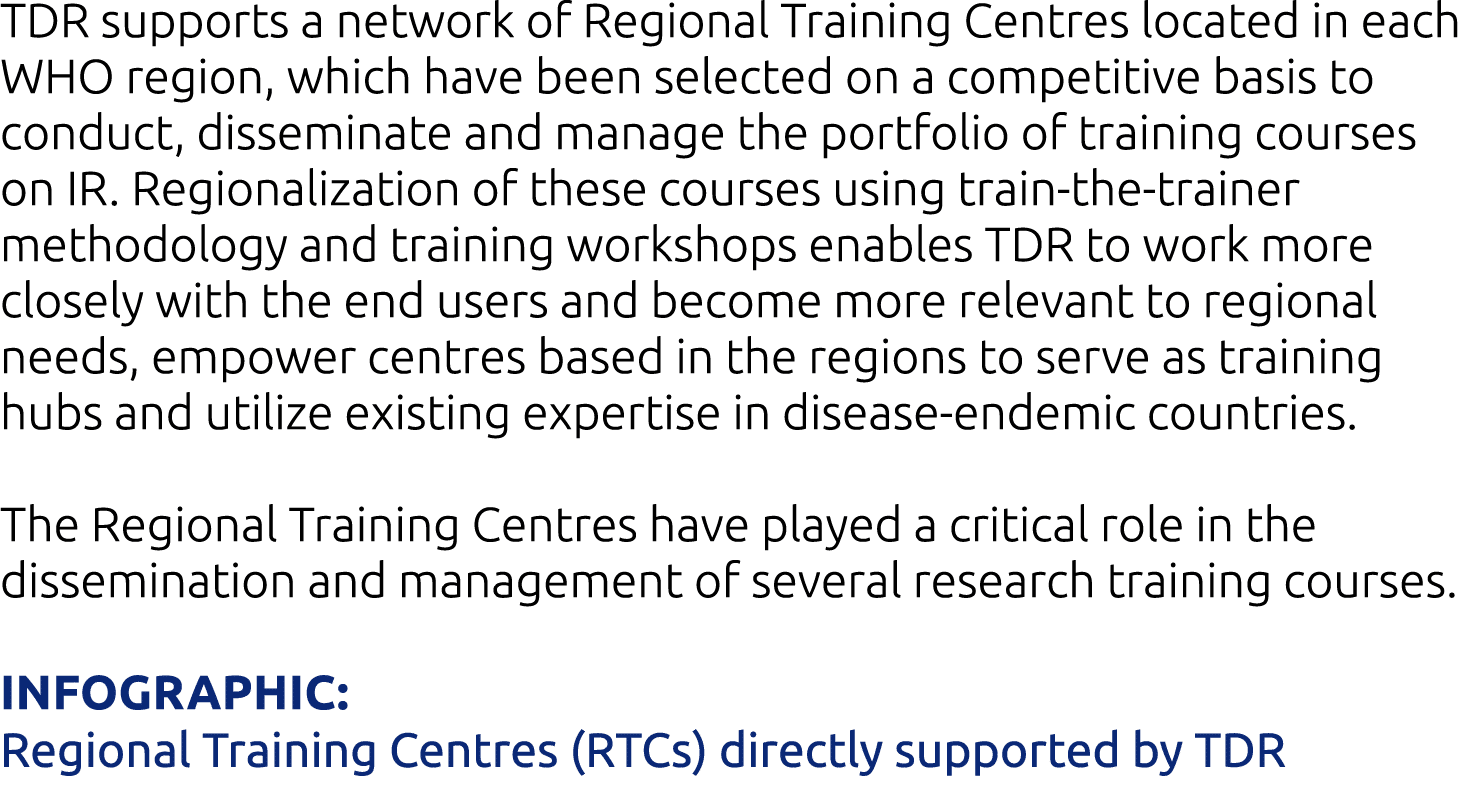 TDR supports a network of Regional Training Centres located in each WHO region, which have been selected on a competi   